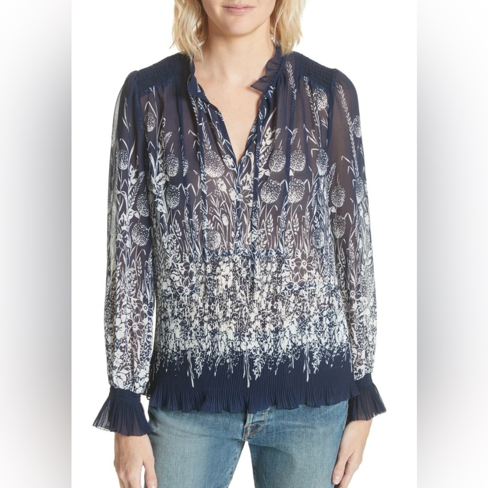 Joie Rita Sheer Floral Pleated Blouse Navy/White Size Small NWT